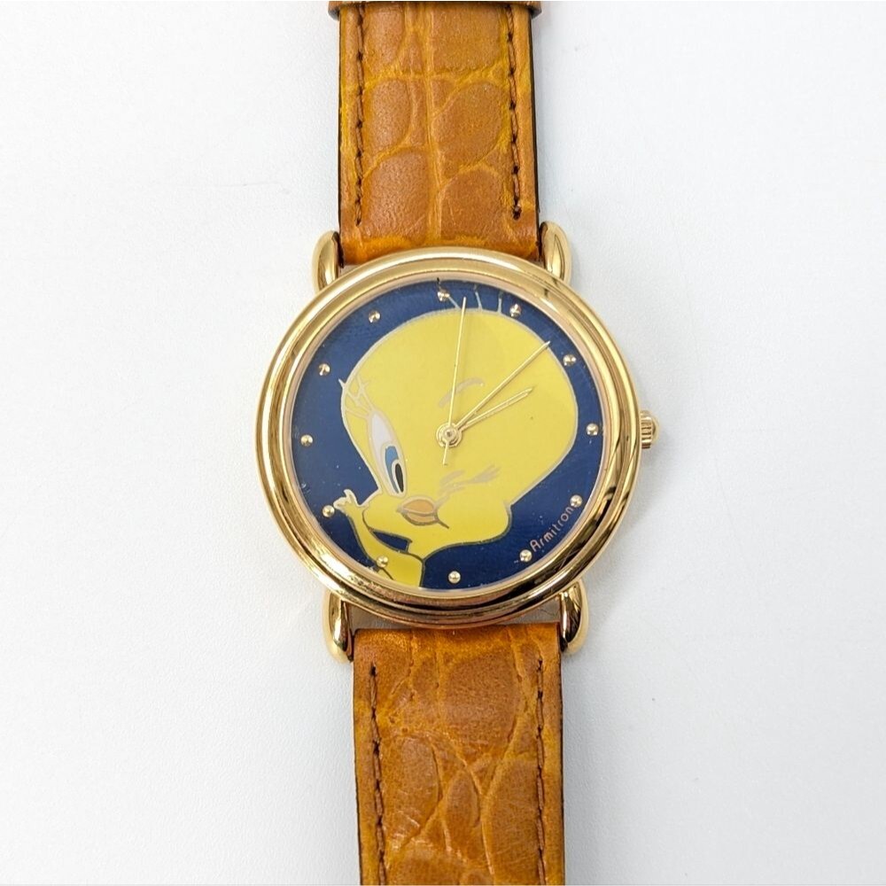 Armitron Vintage 90s Tweety Bird Winking Gold Yellow Tan Leather Strap Watch
